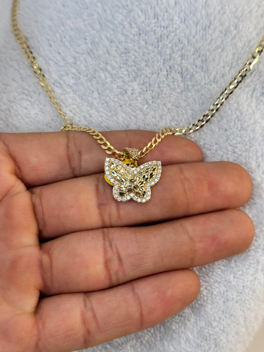 14k gold 16 inch curbed link necklace with butterfly pendant