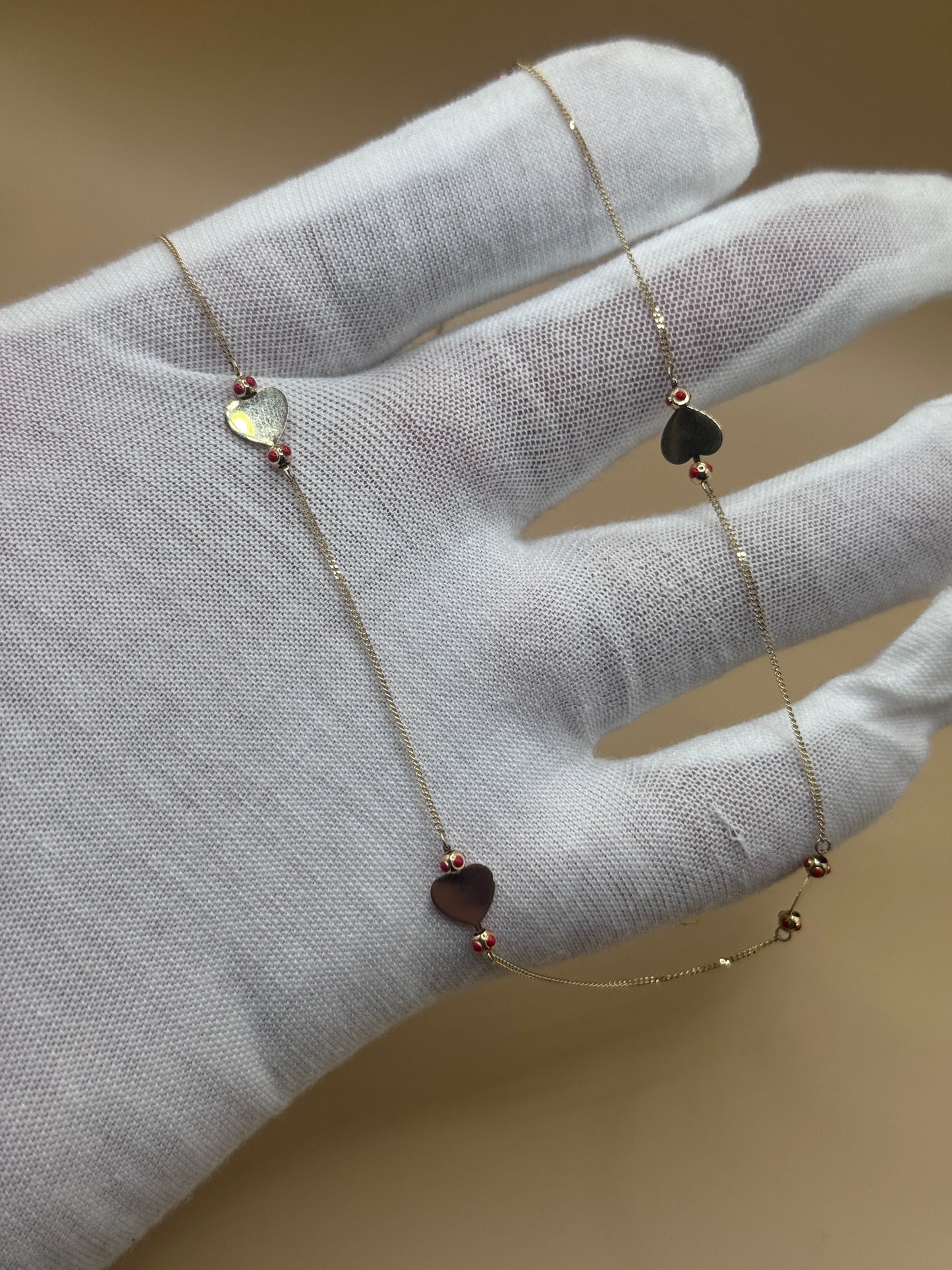 14K Gold Heart Charm Jewelry Set – Adjustable 17” Necklace & 7” Bracelet with Red Accents, Gift for Her