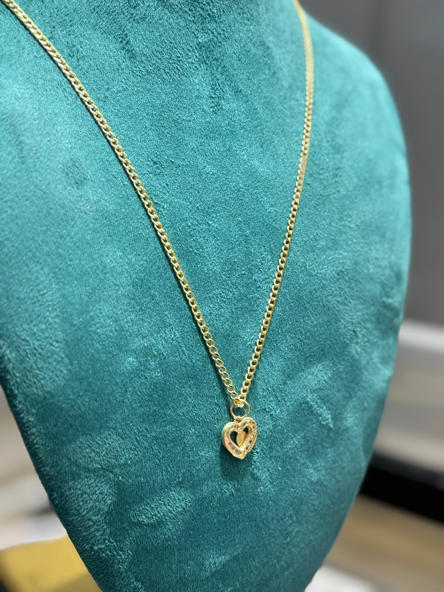 Women’s necklace 14k Gold Miami Cuban with Heart Pendant 18”