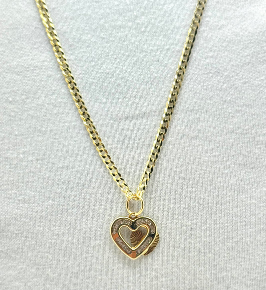 14K Gold Curb Link Necklace – Double Heart Elegance