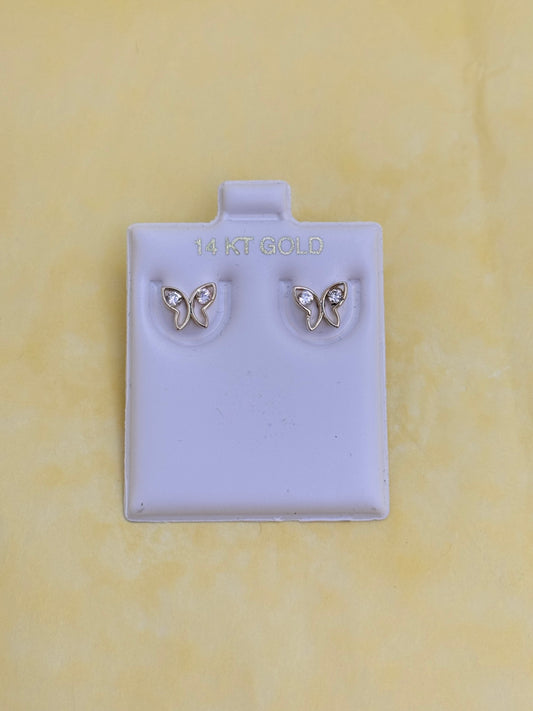 14k Gold Butterfly stud earrings for women with cubic zirconia