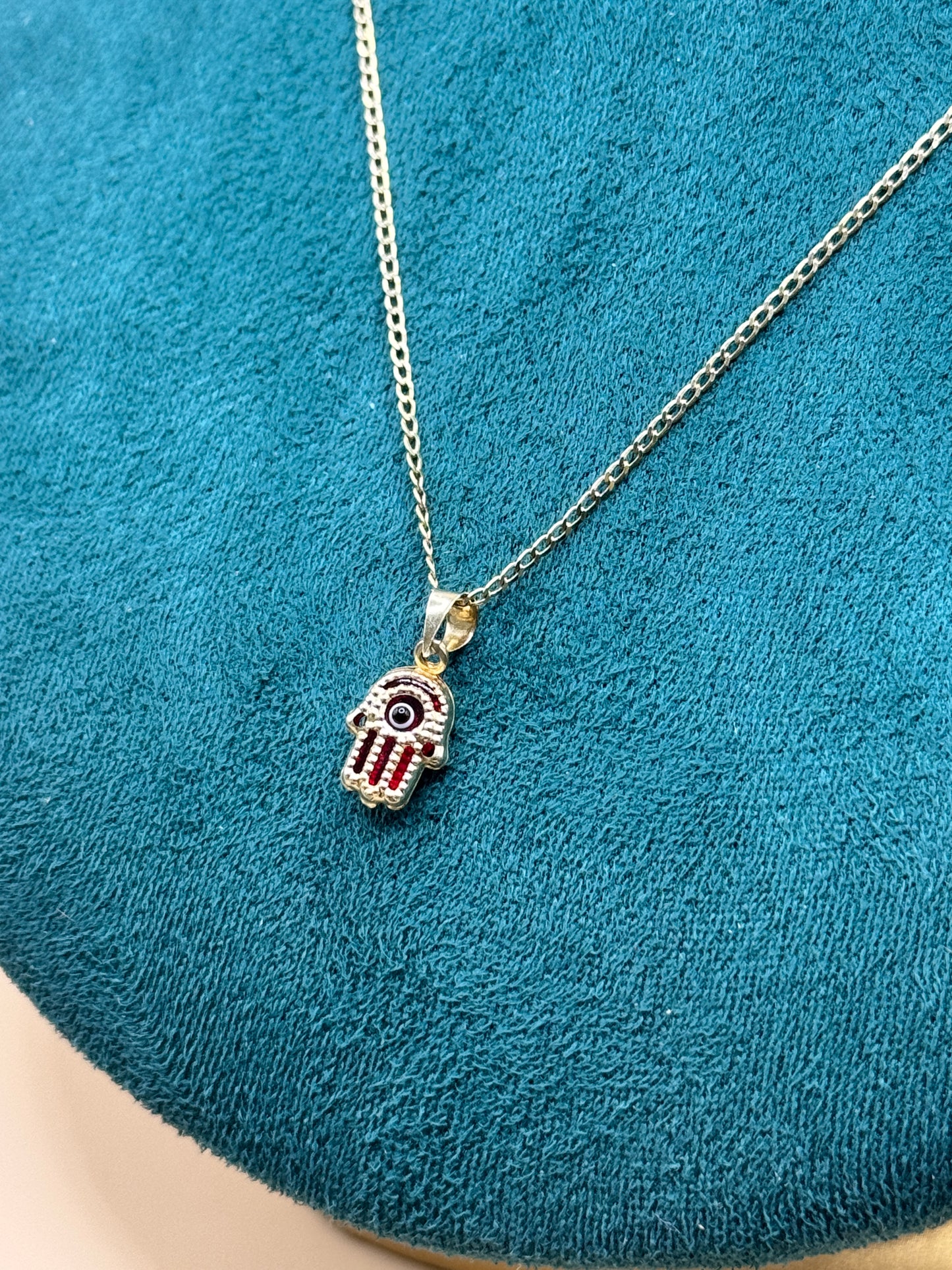 14K Gold Curb Link Necklace – 18” with Red Evil Eye Hamsa Pendant for women