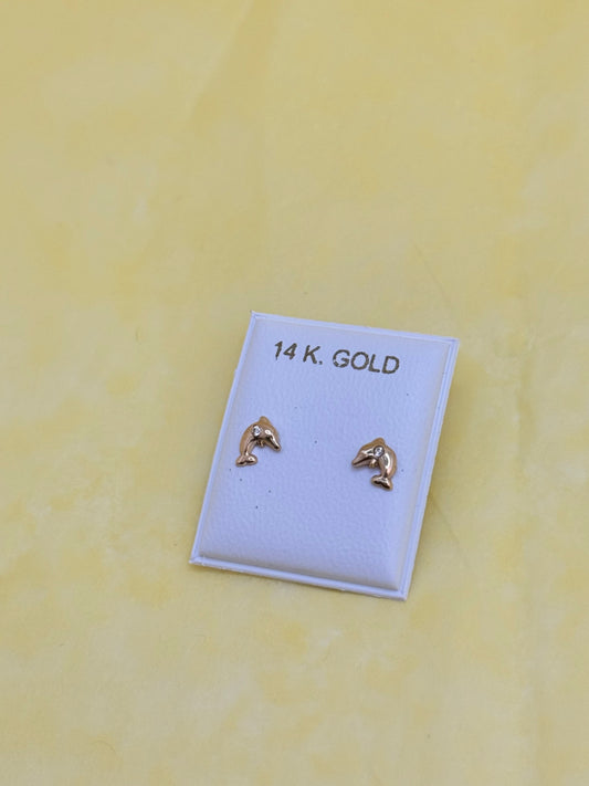 14k Gold Dolphin Stud earring with Cubic zirconia stone