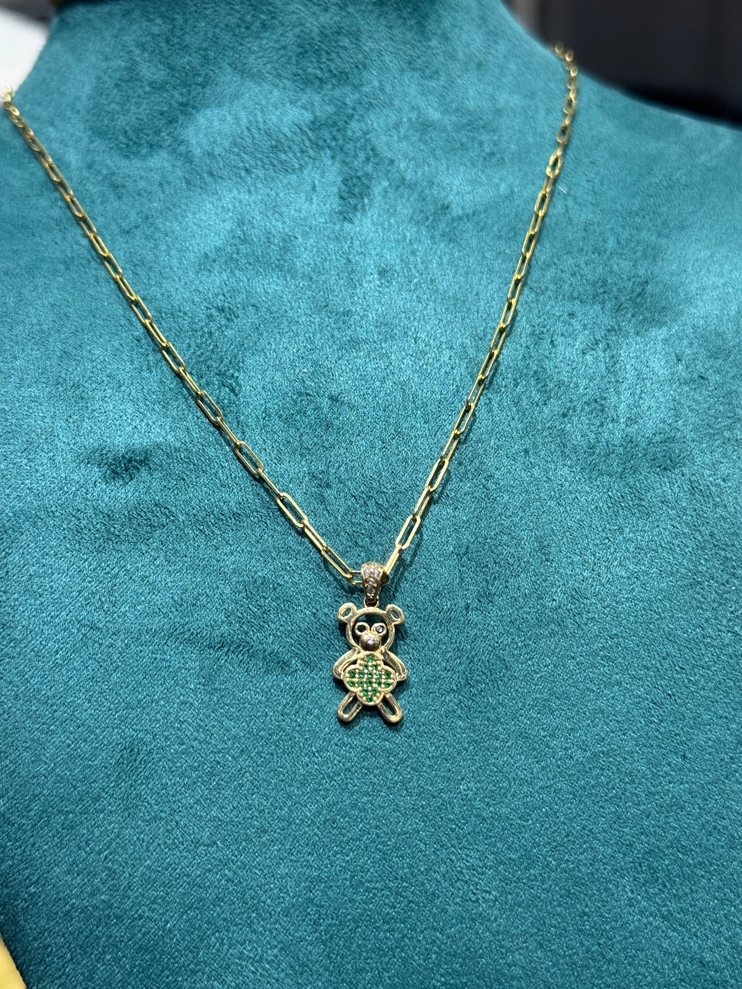 14k Gold Paperclip Necklace for Women with Teddy Bear Pendant