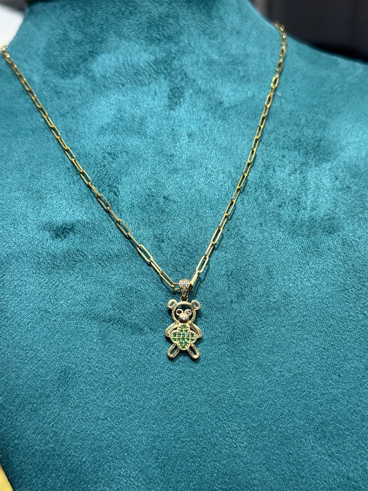 14k Gold Paperclip Necklace for Women with Teddy Bear Pendant