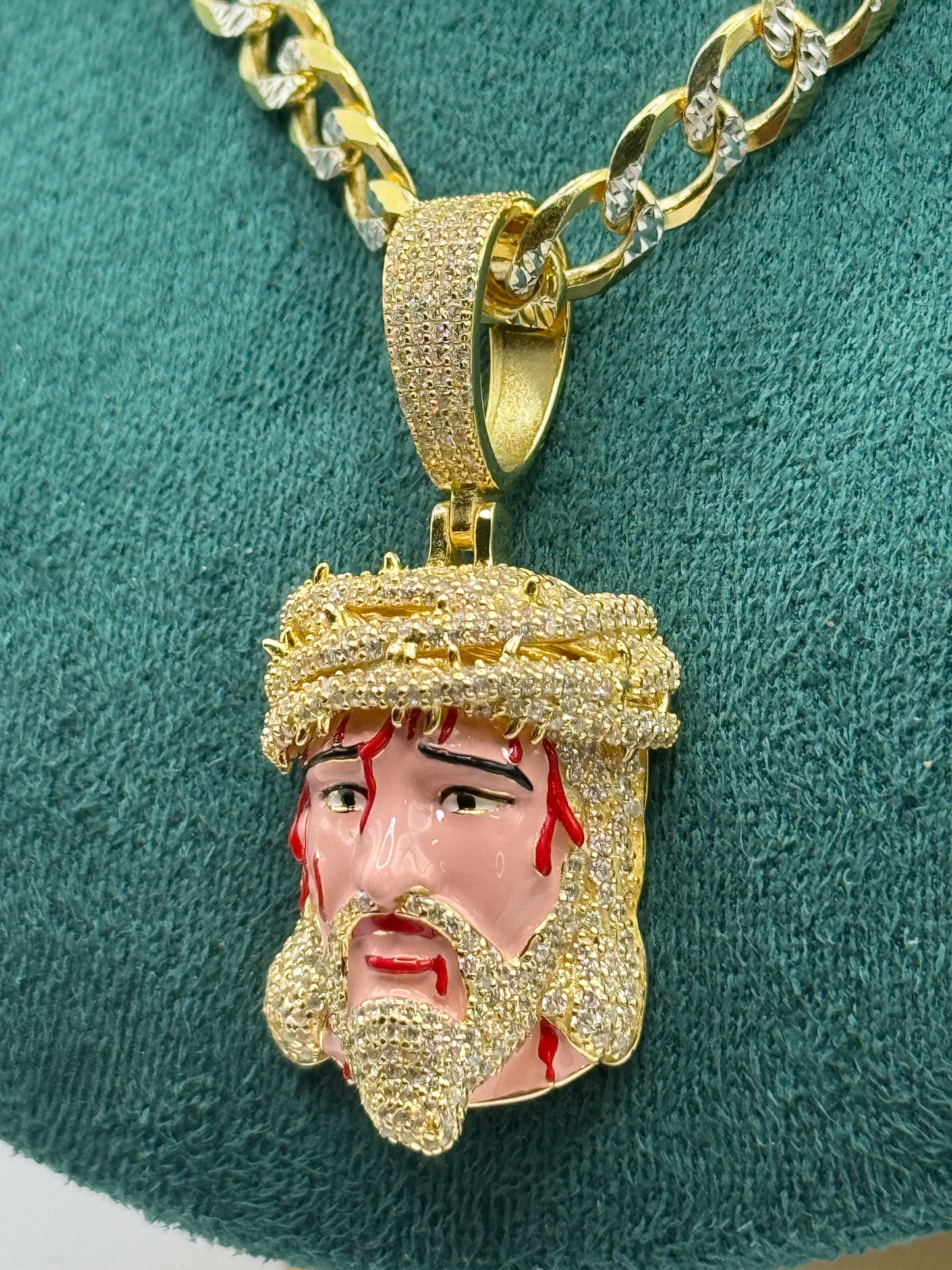 925 silver gold plated curb link chain 24” with Jesus pendant