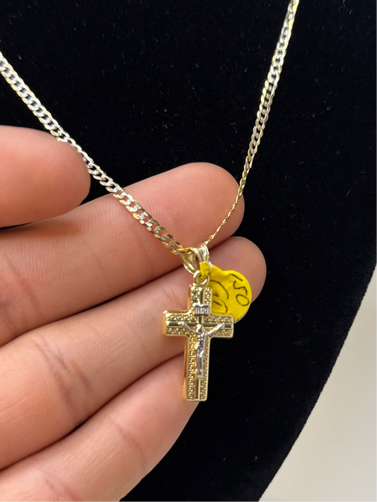 14k Gold 2 tone 16 inch curbed link chain with crucifix pendant