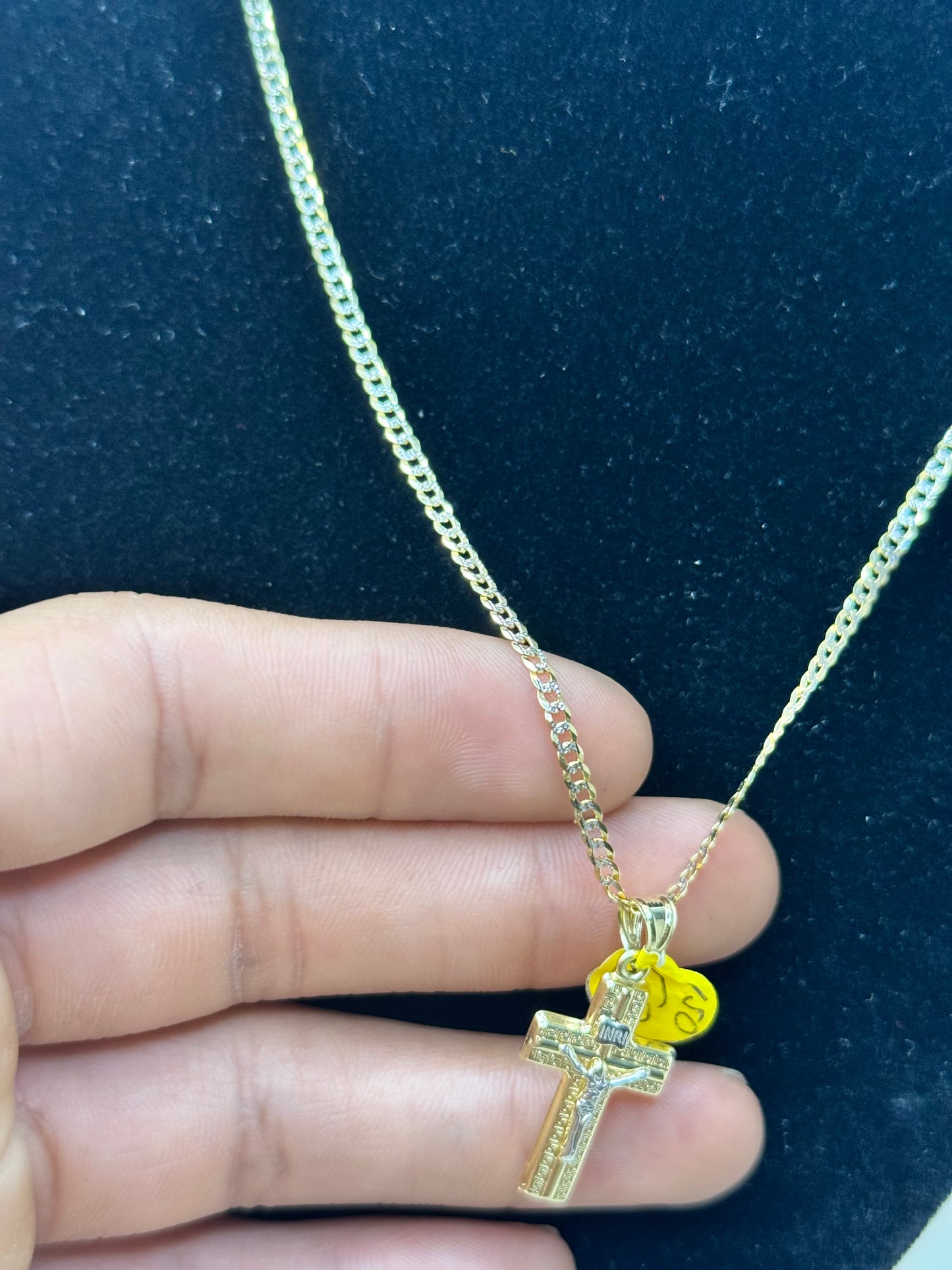 14k Gold 2 tone 16 inch curbed link chain with crucifix pendant