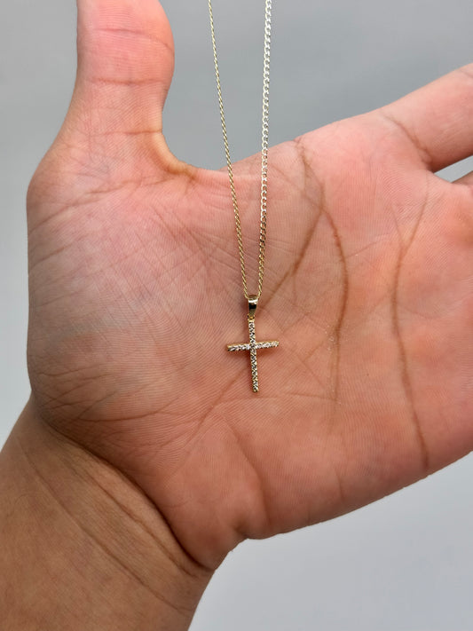 14k Gold 2 tone Cuban link chain necklace with cross pendant