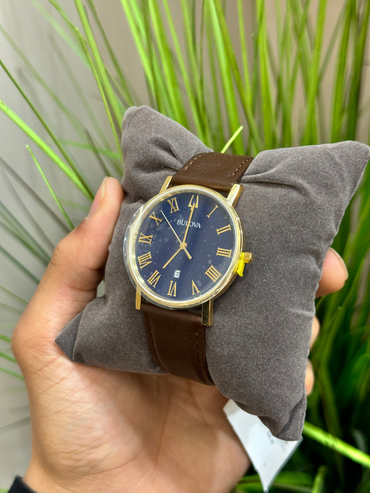 Men's Bulova Classic Gold-Tone Strap Watch with Blue Dial (Model: 97B177)