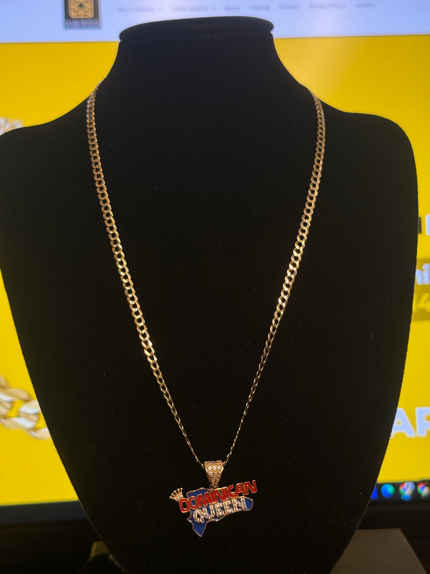 14K Gold Curb Link chain Necklace with Dominican pendant for women