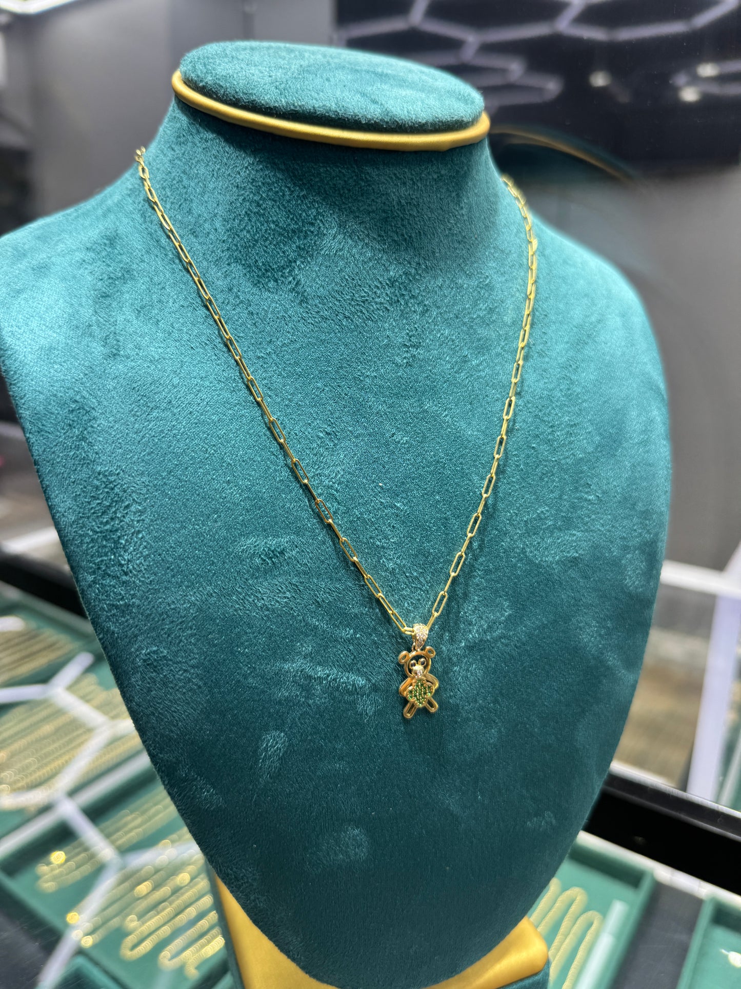 14k Gold Paperclip Necklace for Women with Teddy Bear Pendant