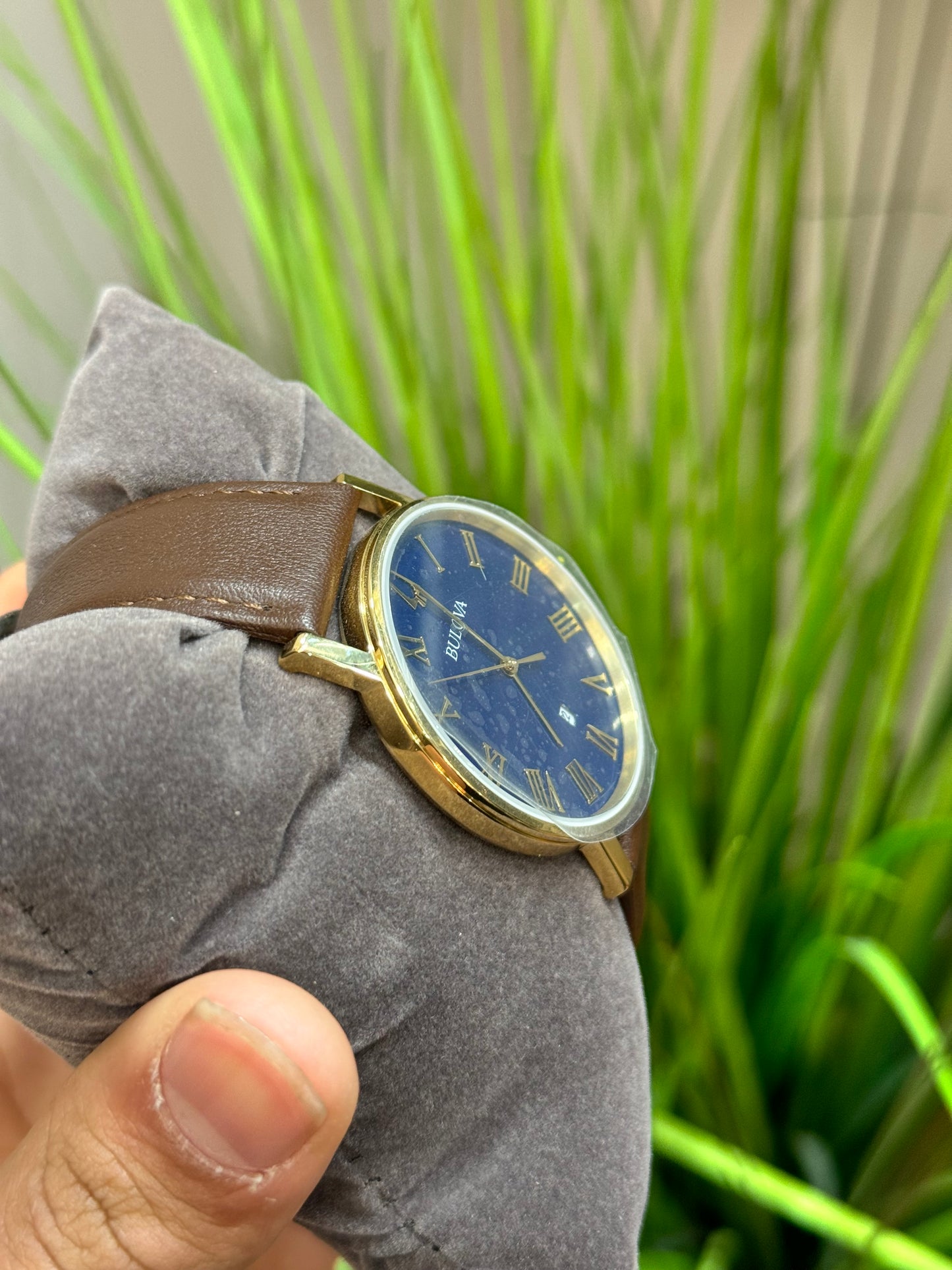 Men's Bulova Classic Gold-Tone Strap Watch with Blue Dial (Model: 97B177)