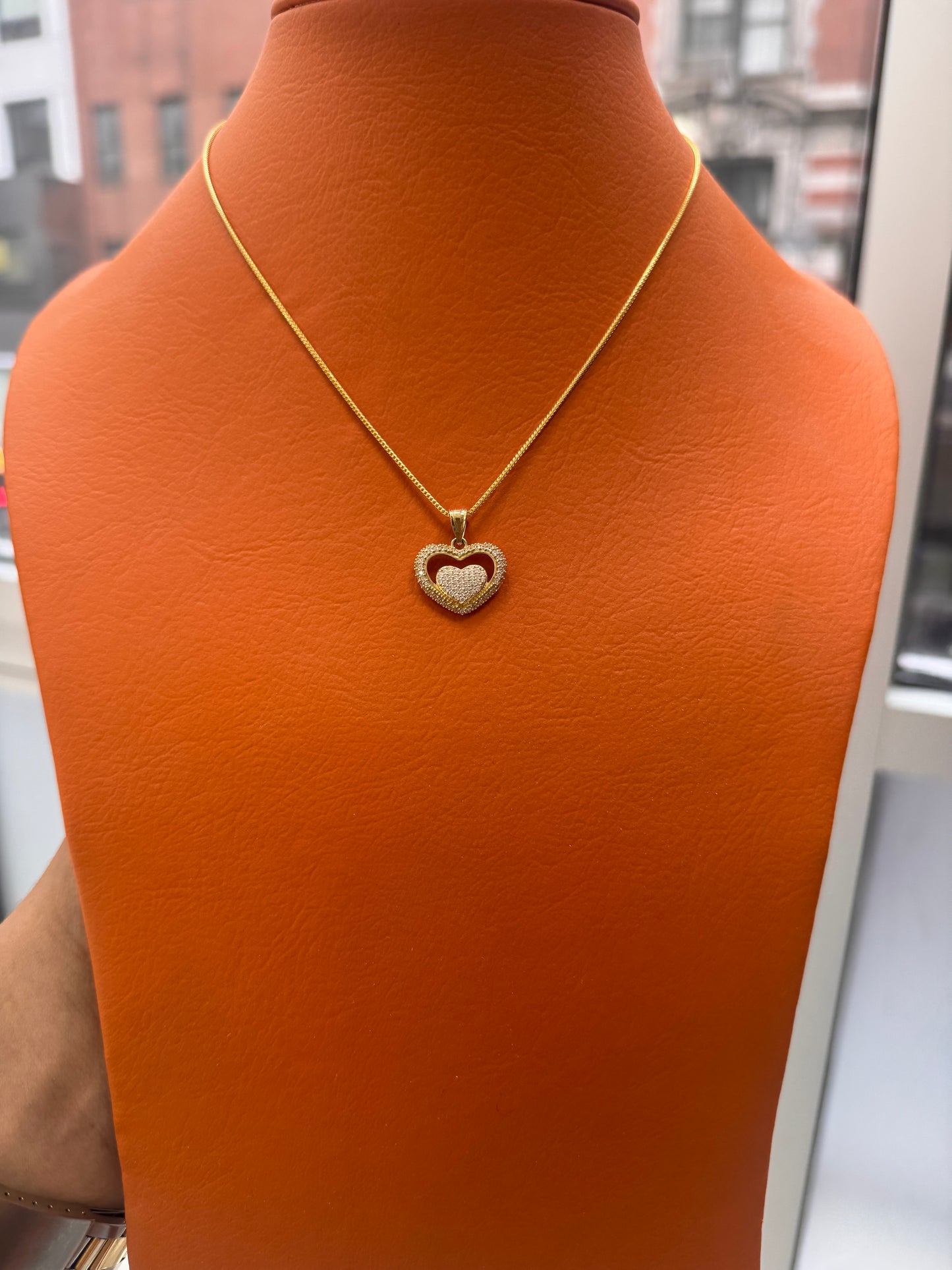 14K Gold CZ RD heart CZ Pendant with Hollow Franco Chain – 16”