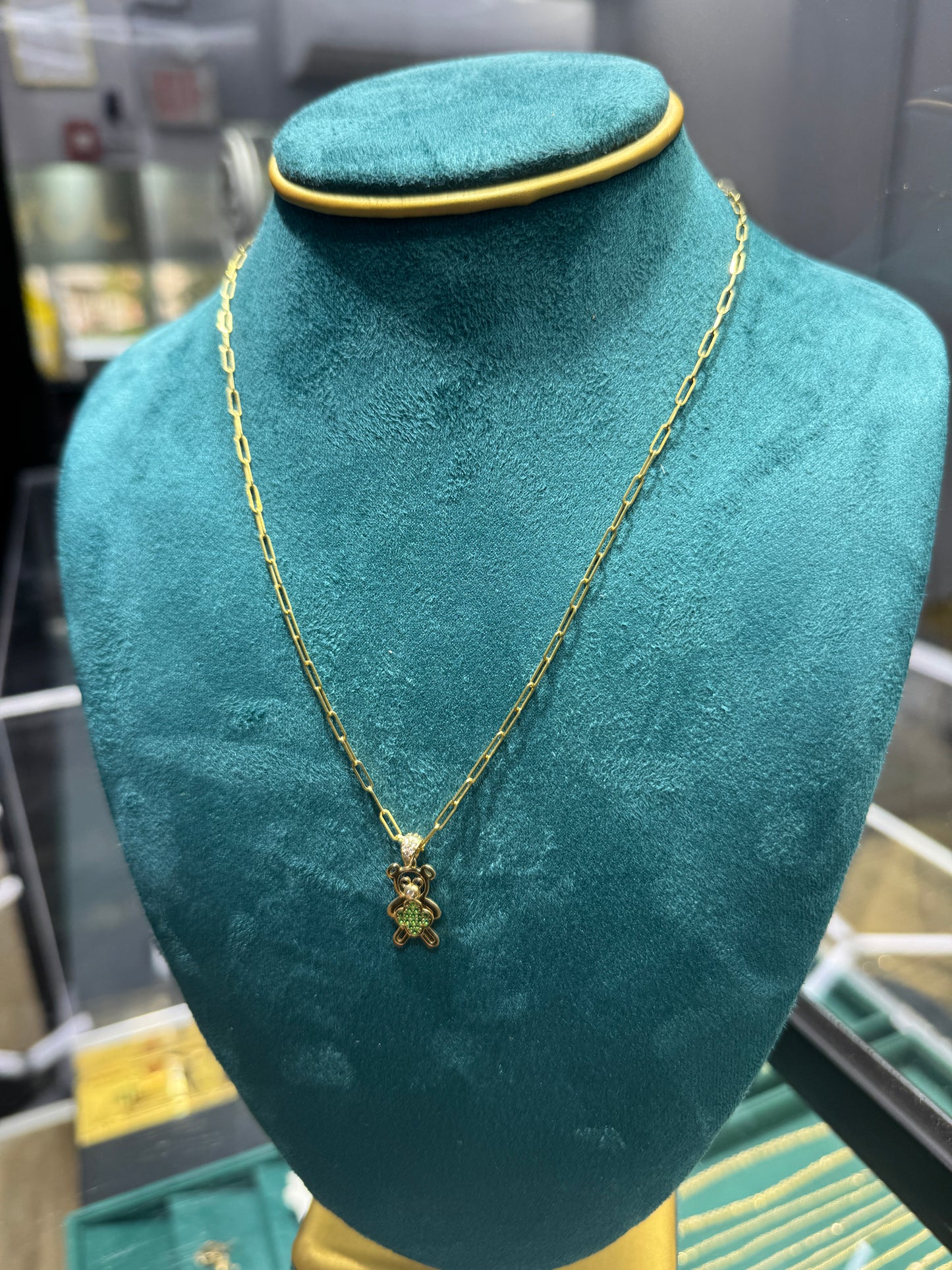 14k Gold Paperclip Necklace for Women with Teddy Bear Pendant