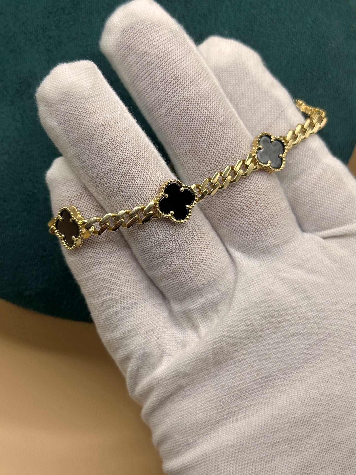 14K Gold Flat Cuban Link Bracelet 7.5 Inch with Black Clover Charm, Solid Gold Clover Bracelet, Luxury Gold Jewelry Gift