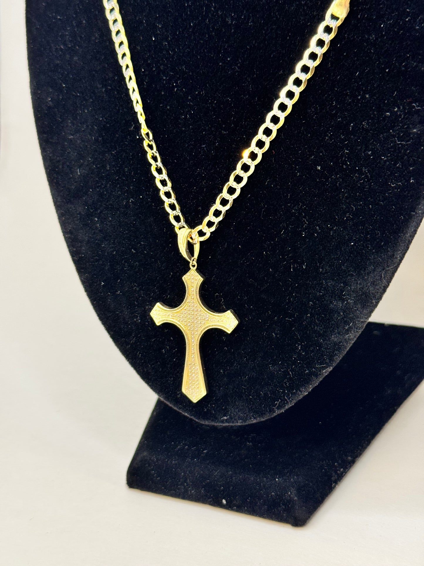 14k gold Two-Tone Curb Link 22”inch Cross Necklace
