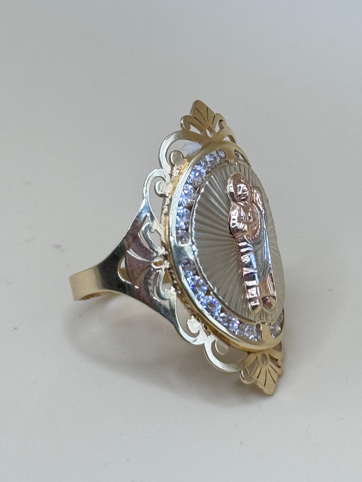 14K Tri Tone San Judas Ring with CZ Size 8.5 – Women’s Religious Ring, Real Gold Saint Jude Jewelry