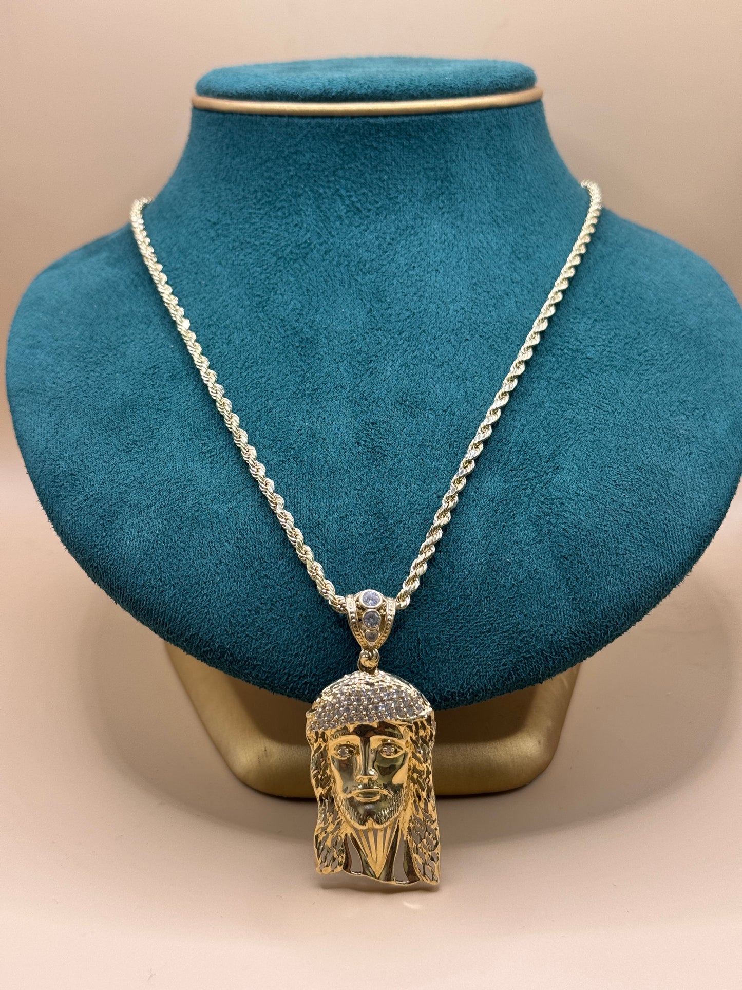 14K Gold Rope Chain 22” with Jesus Face Pendant – Real Gold Necklace 13–16g, Religious Jewelry for Men & Women
