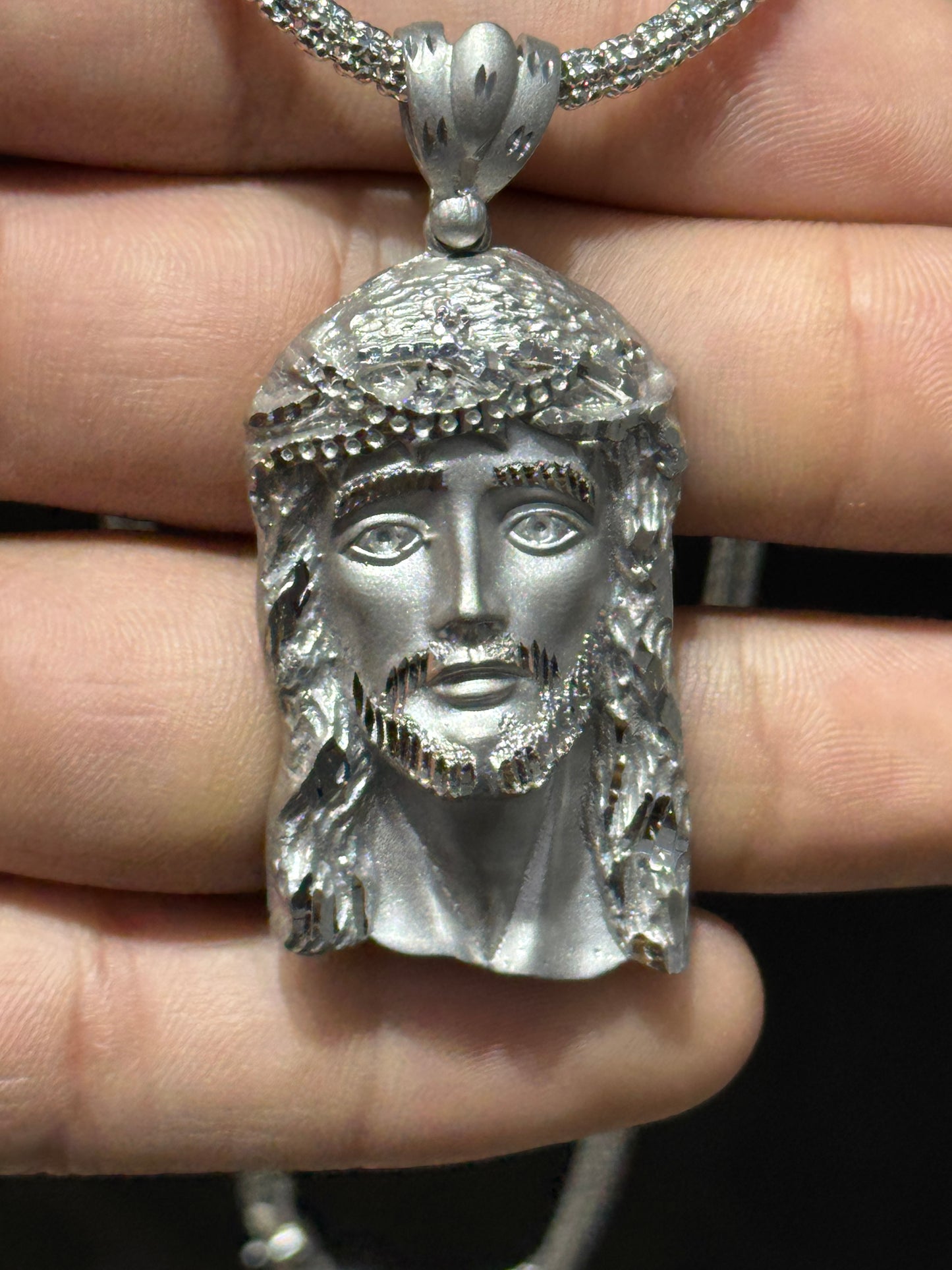 14K White Gold Moon Ice Chain – 20” with Jesus Face Pendant