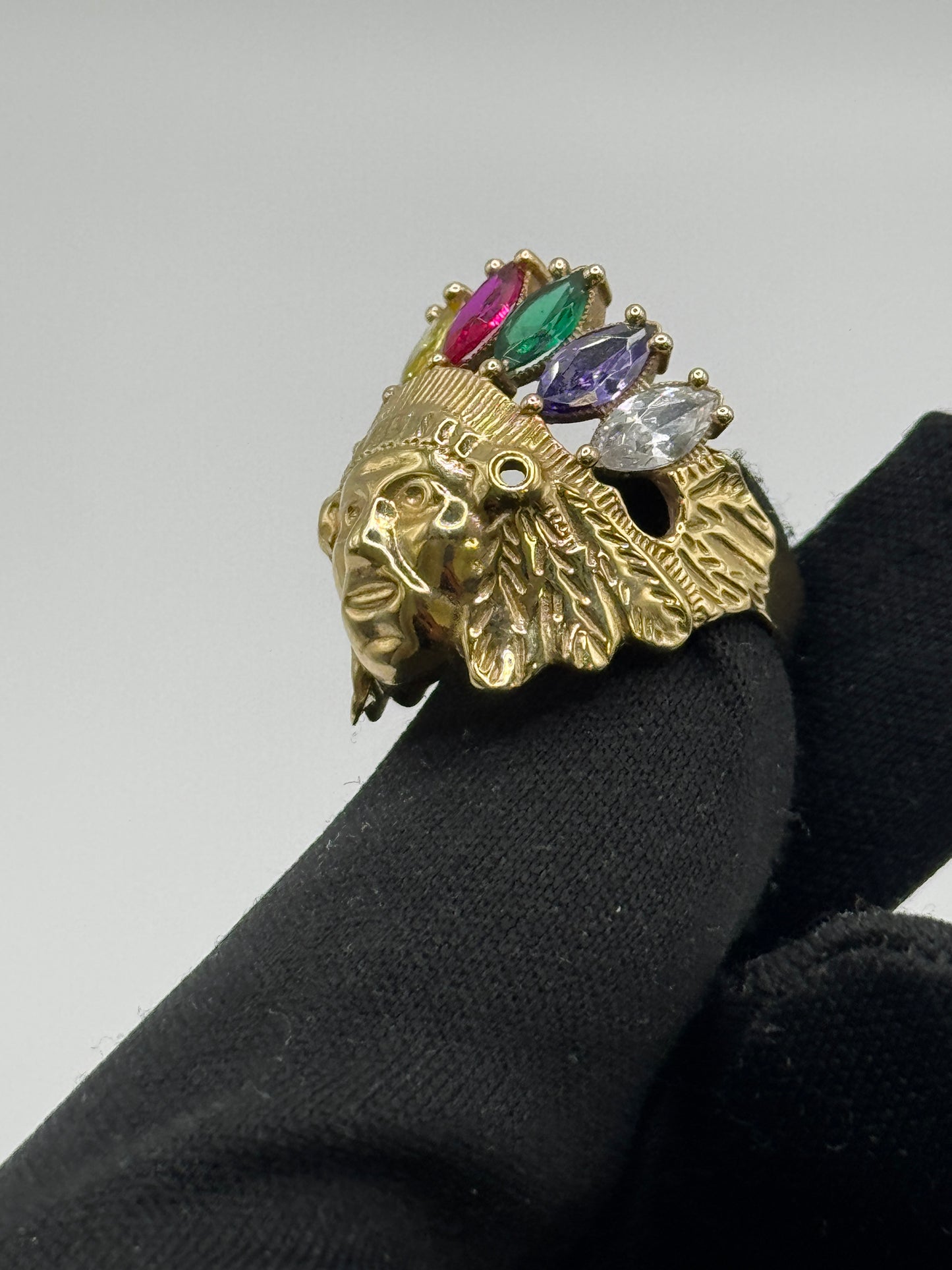 14K Gold Indian Ring with Multi-Stone Head for men size 10”