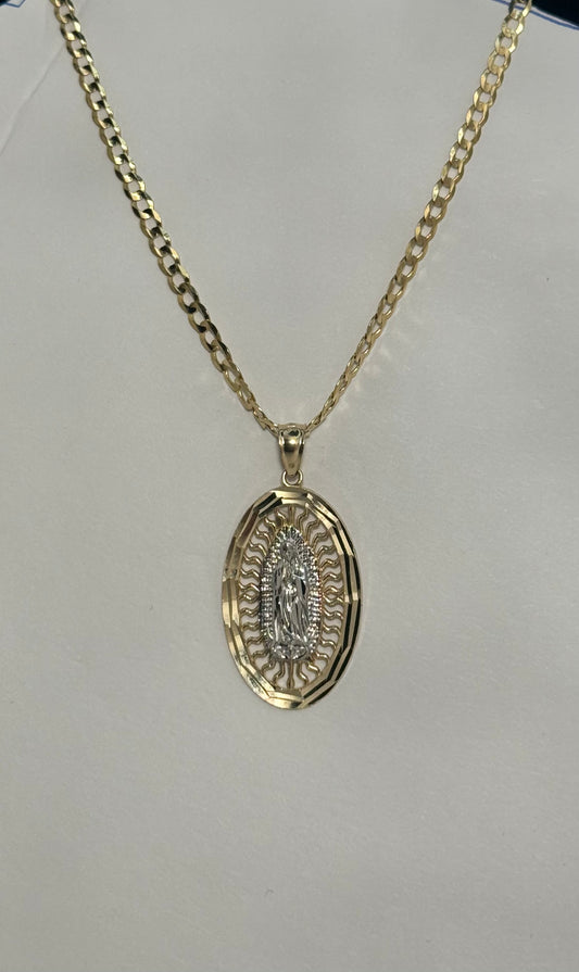 14k gold Cuban link chain necklace with Virgin Mary 2 tone pendant