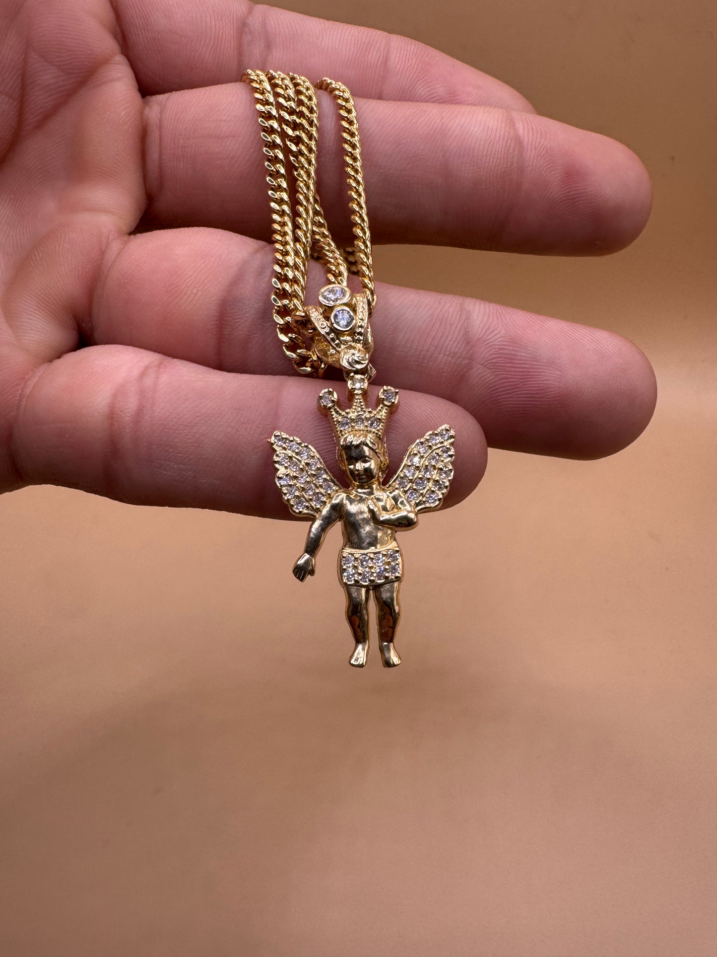 14K Gold Miami Cuban Chain 22 Inch with Angel Pendant, Solid Gold Cuban Link Necklace, Statement Gold Chain, Gift for Him Her
