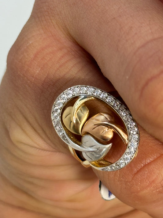 14k gold 3 tone leaf ring for woman with sparkling cubic zirconia