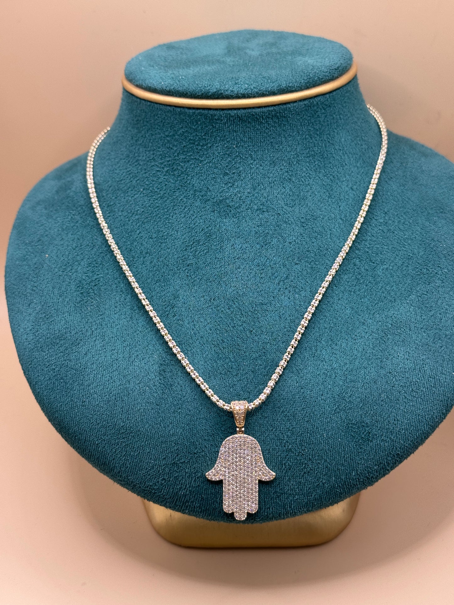 14K yellow Gold Ice Chain – 18” with Hamsa CZ Pendant (3mm Chain)