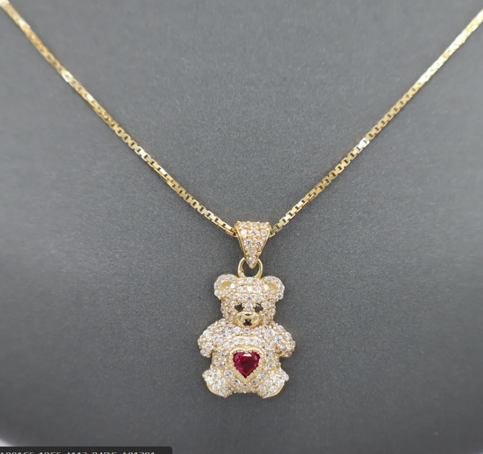 14K Gold Box Chain with Teddy Bear & Red Heart Pendant โ 18โ