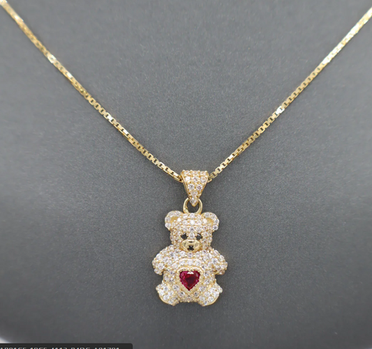 14K Gold Box Chain with Teddy Bear & Red Heart Pendant – 18”