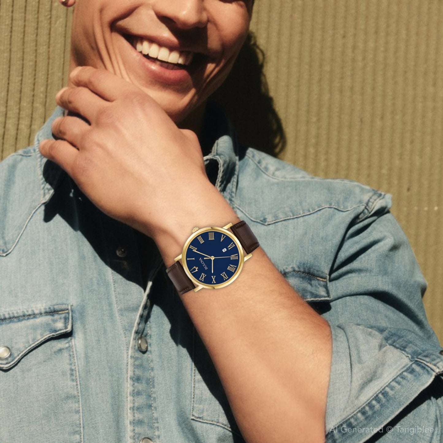 Men's Bulova Classic Gold-Tone Strap Watch with Blue Dial (Model: 97B177)