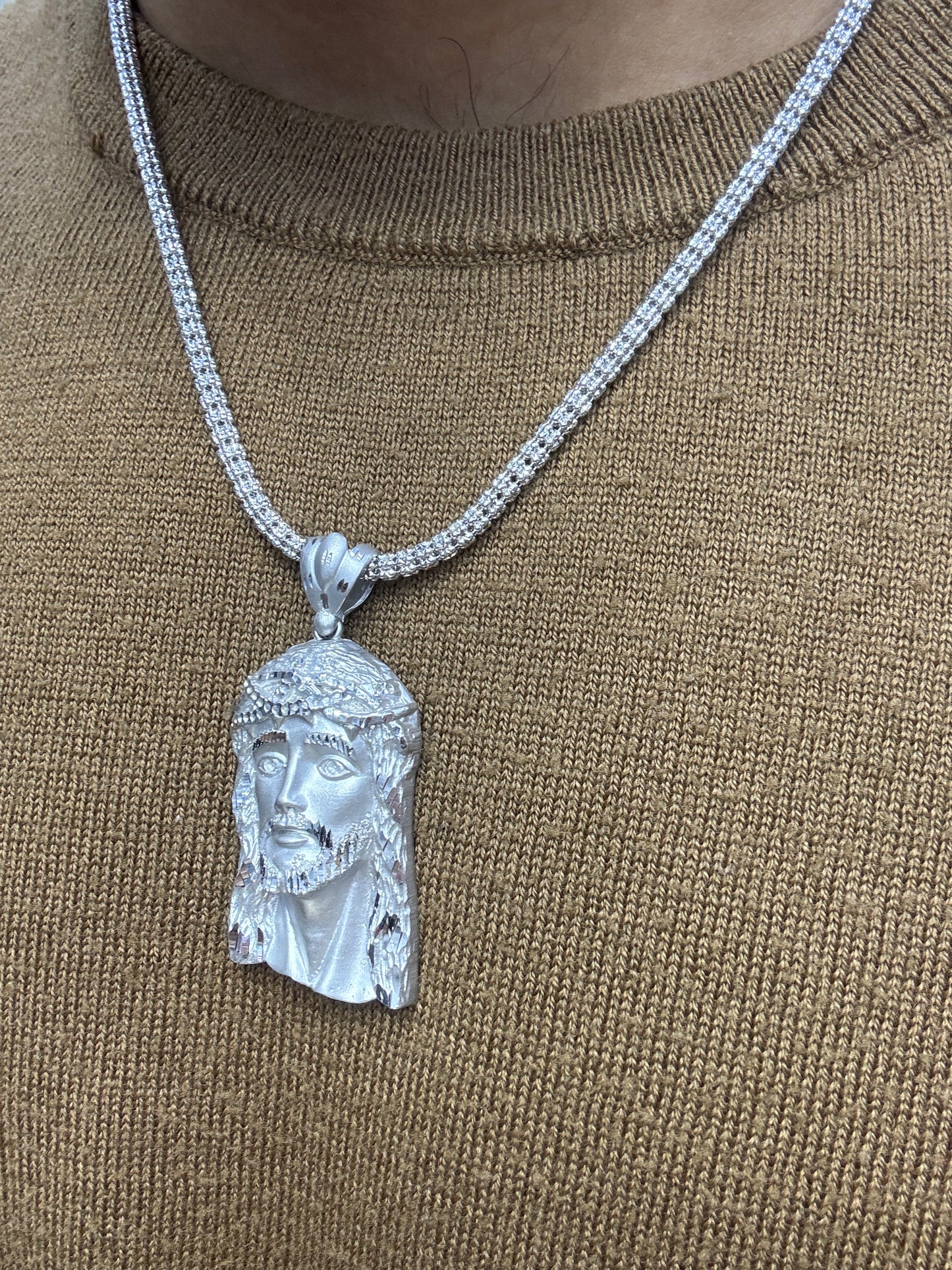 14K White Gold Moon Ice Chain – 20” with Jesus Face Pendant