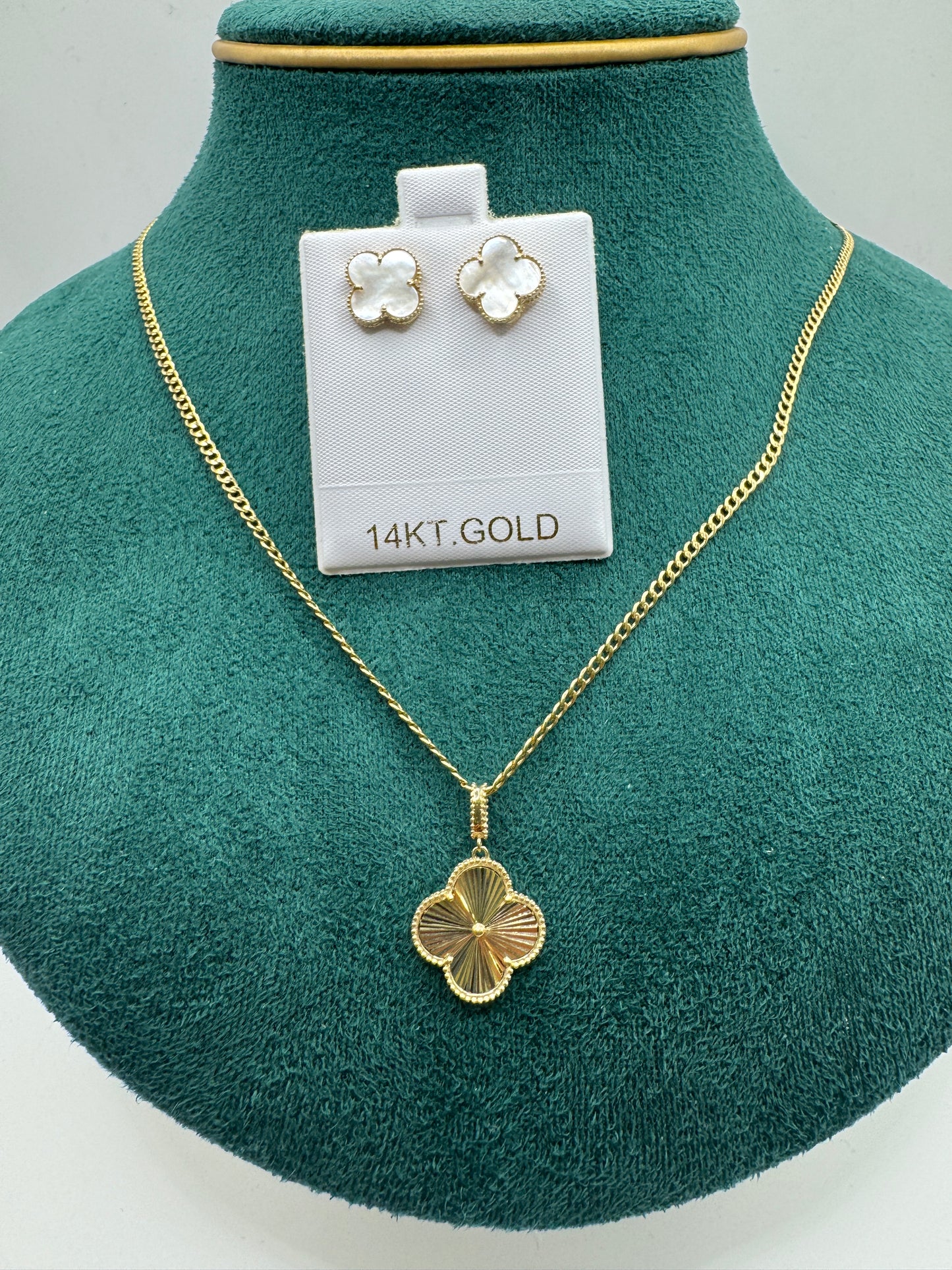 14K Gold Clover Bundle – 20” Curb Link Necklace for women with Clover Pendant & Clover Earrings