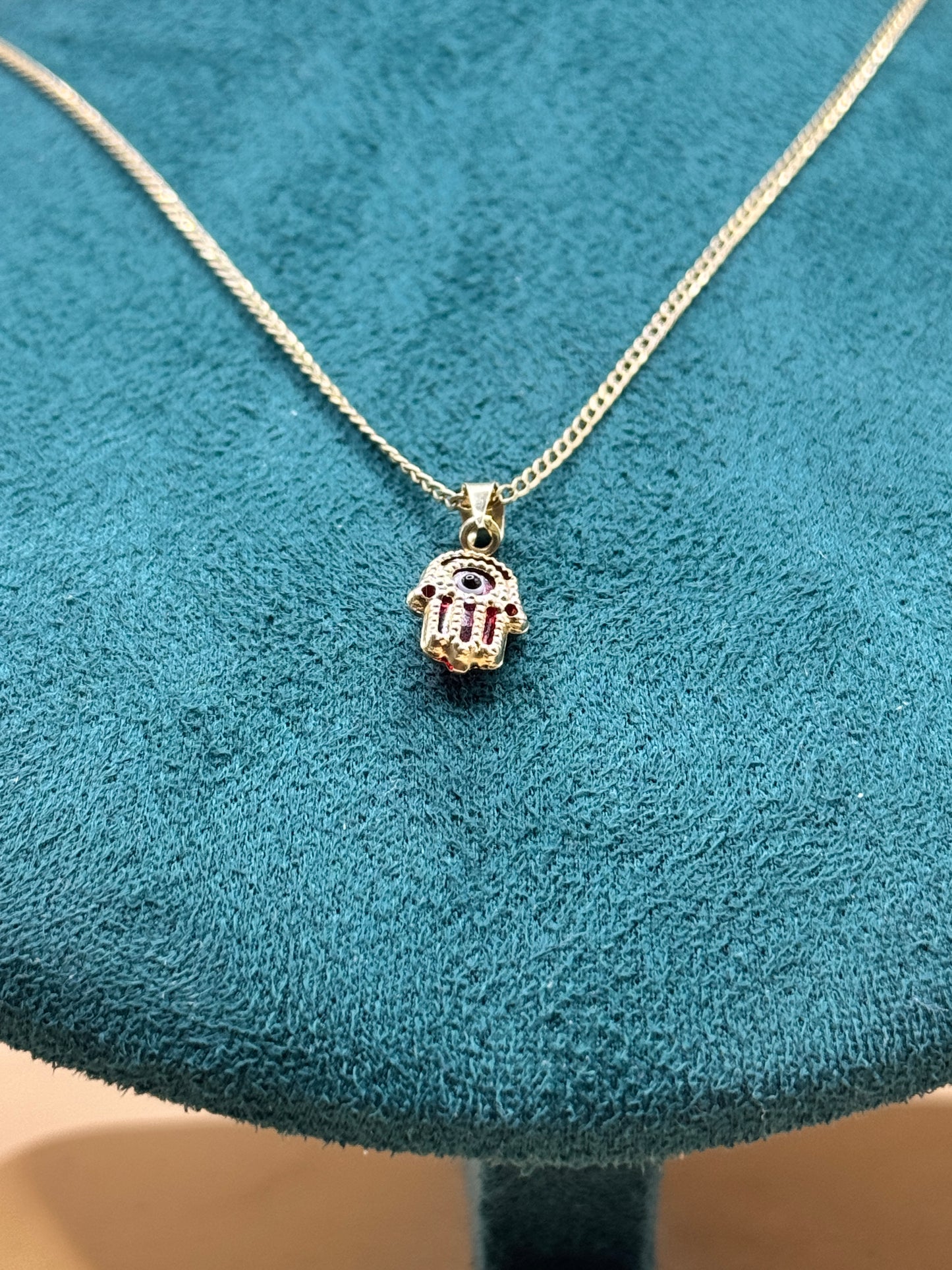 14K Gold Curb Link Necklace – 18” with Red Evil Eye Hamsa Pendant for women