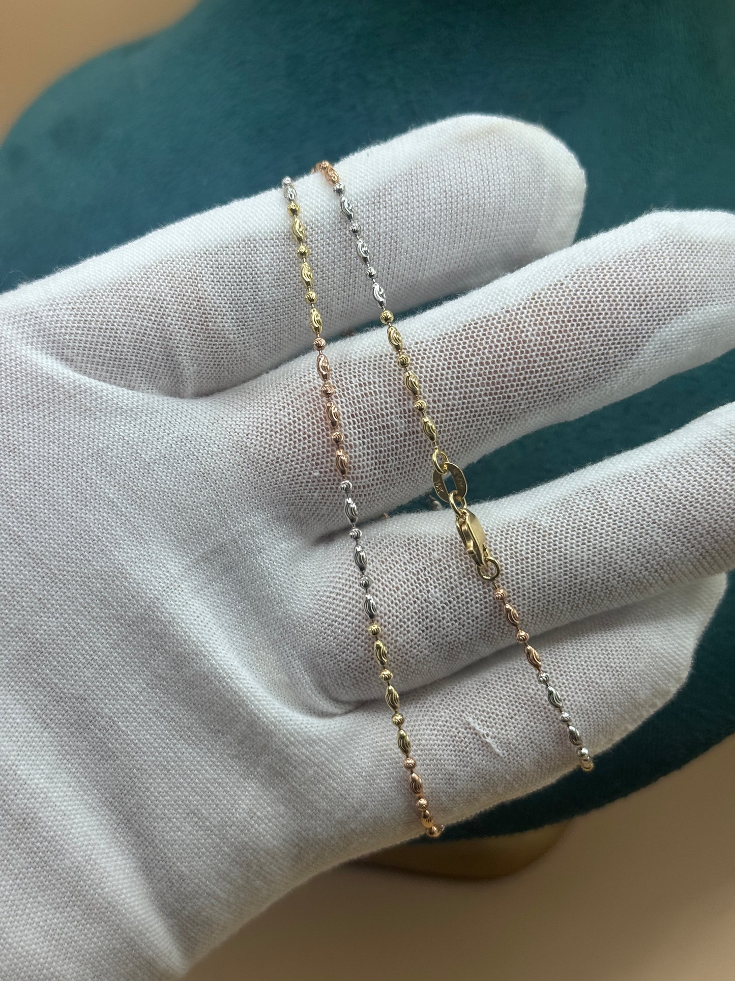 14K Tri Tone Gold Beaded Necklace 16” – White Yellow Rose Gold Necklace for Women, Dainty Choker Jewelry