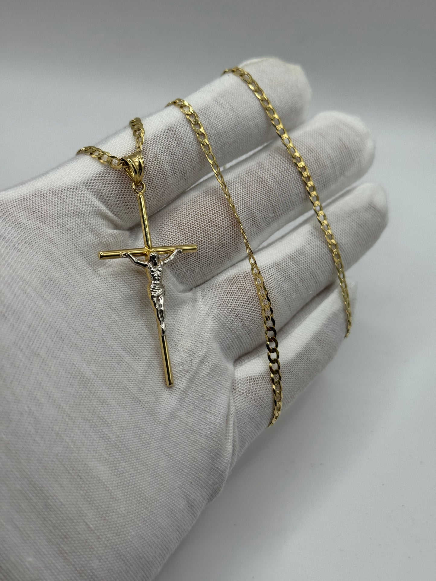 14K Gold Curb Link Necklace with Jesus Crucifix Pendant – 22” (3.3mm) for men
