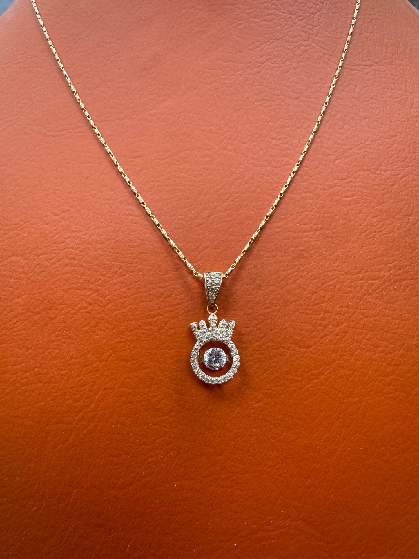 14K Gold Diamond Cut Necklace 20 Inch with Crown CZ Pendant, Royal Crown Necklace, CZ Gold Pendant, Statement Jewelry Gift