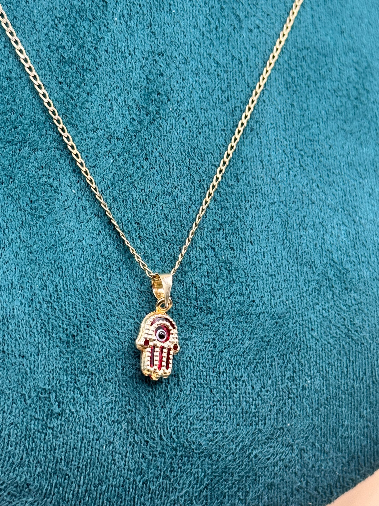 14K Gold Curb Link Necklace – 18” with Red Evil Eye Hamsa Pendant for women