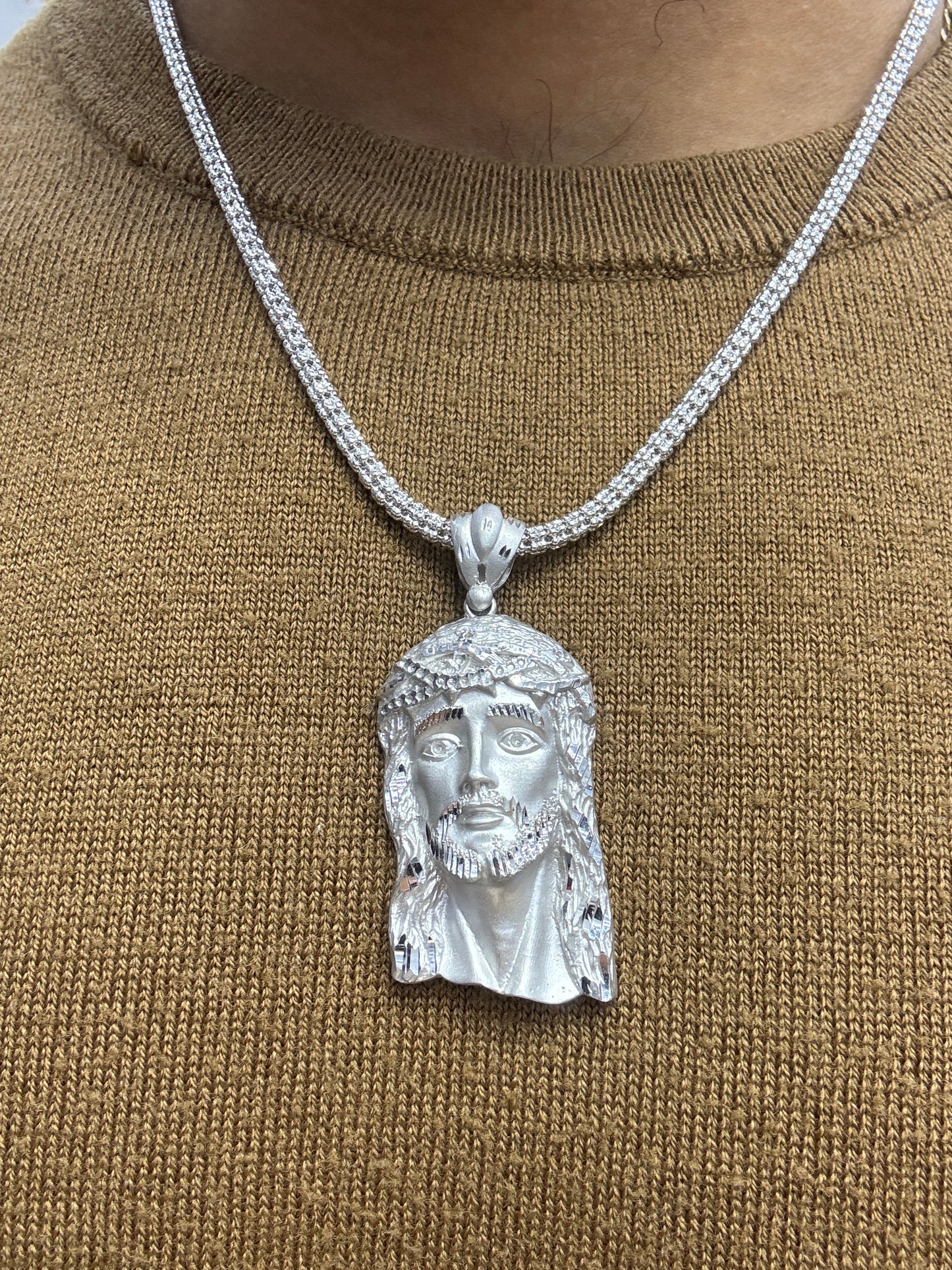 14K White Gold Moon Ice Chain – 20” with Jesus Face Pendant