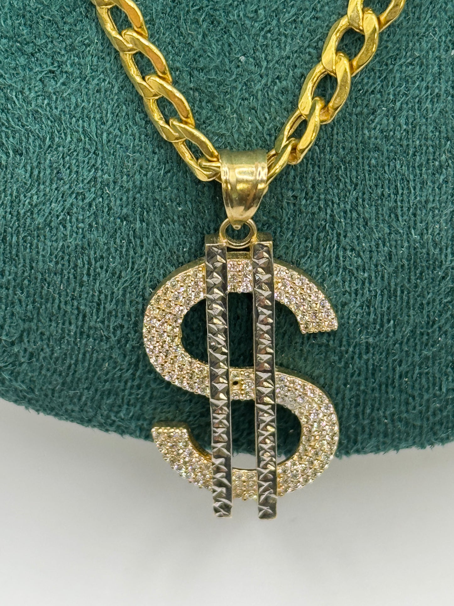 14K Gold Curb Link Necklace with Dollar Sign Pendant – 22” (5mm)