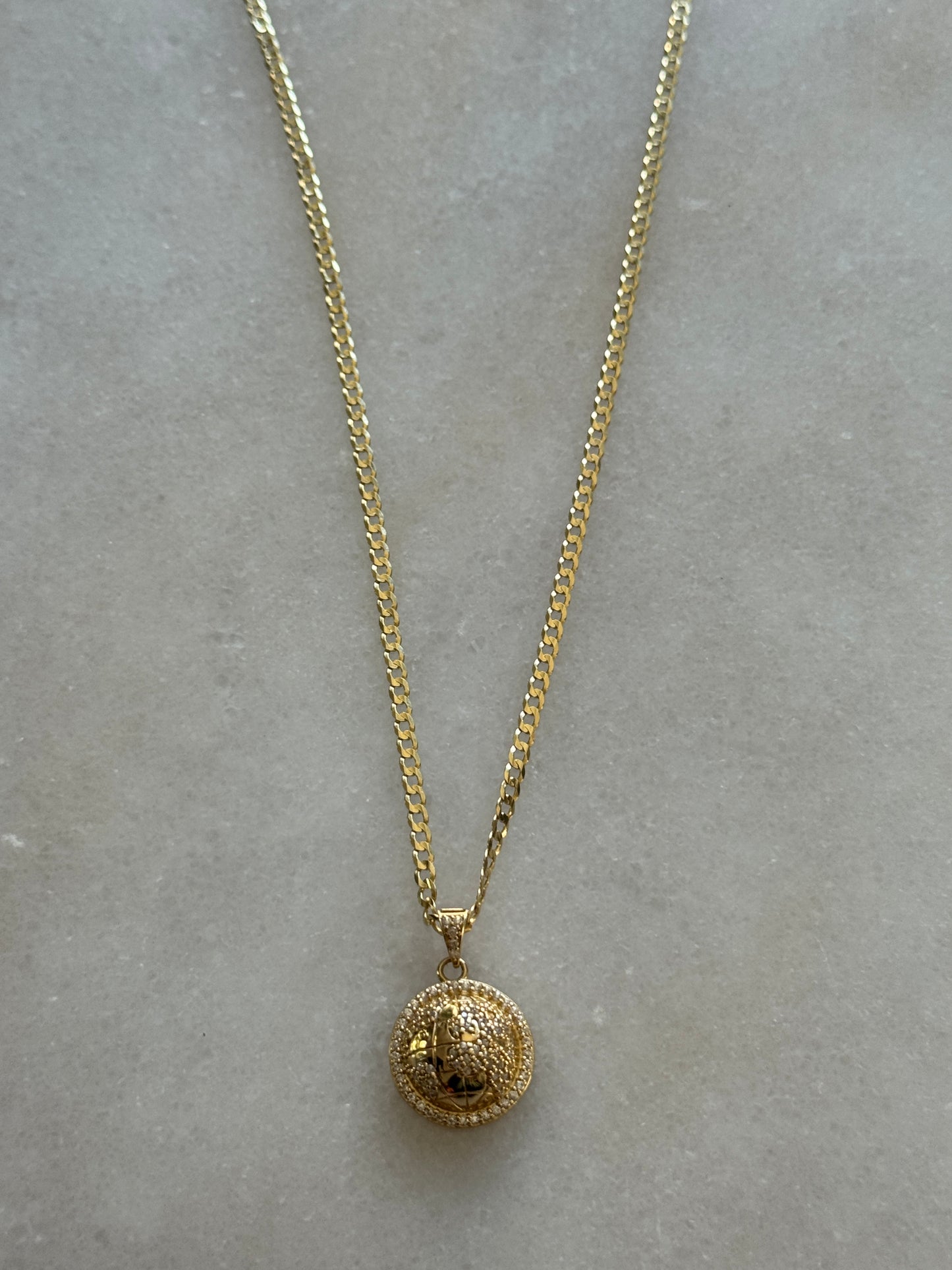 14K Gold Curb Link Chain with World Pendant – 22”