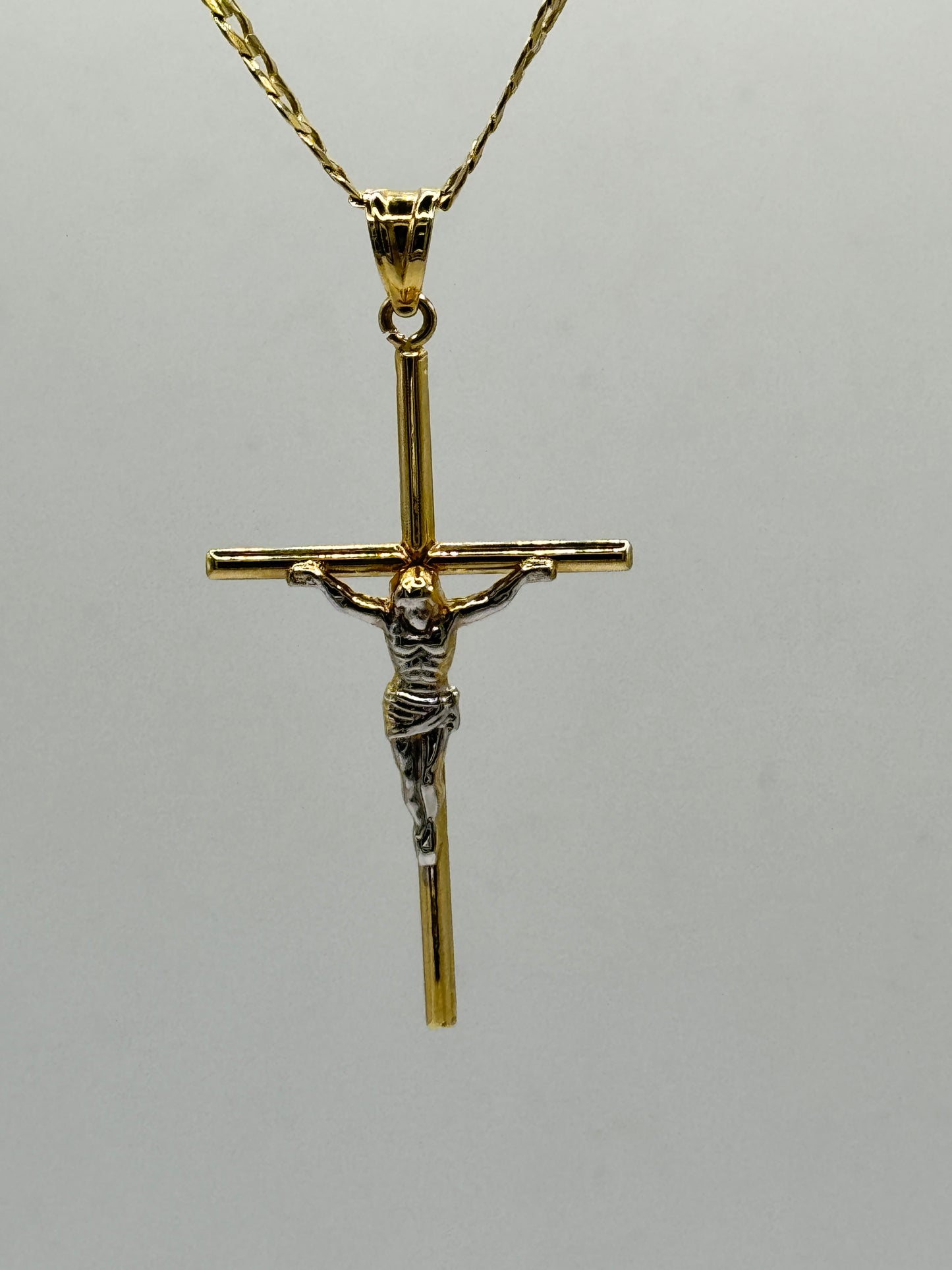 14K Gold Curb Link Necklace with Jesus Crucifix Pendant – 22” (3.3mm) for men
