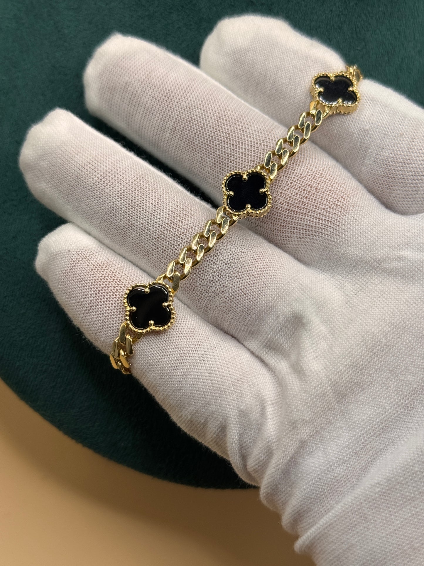 14K Gold Flat Cuban Link Bracelet 7.5 Inch with Black Clover Charm, Solid Gold Clover Bracelet, Luxury Gold Jewelry Gift