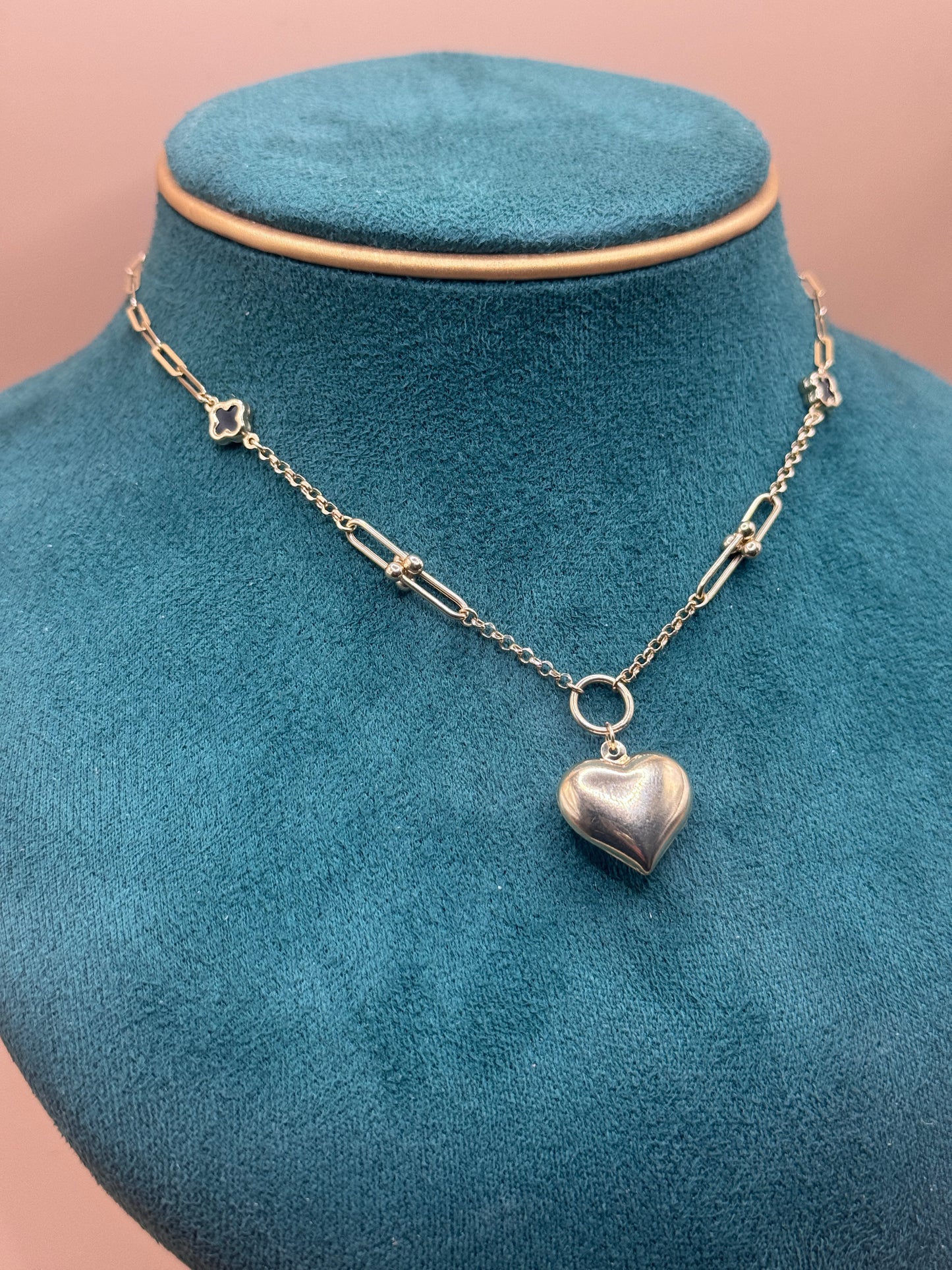 14K Gold Paperclip Charm Necklace 16” – Puff Heart Pendant with Clover Charms, Dainty Gold Necklace for Women
