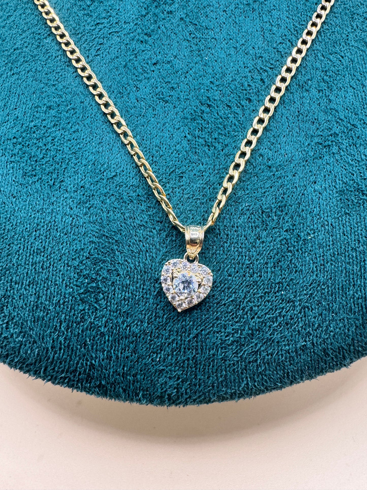14K Gold Curb Link Chain – 20” with CZ Heart Pendant for her