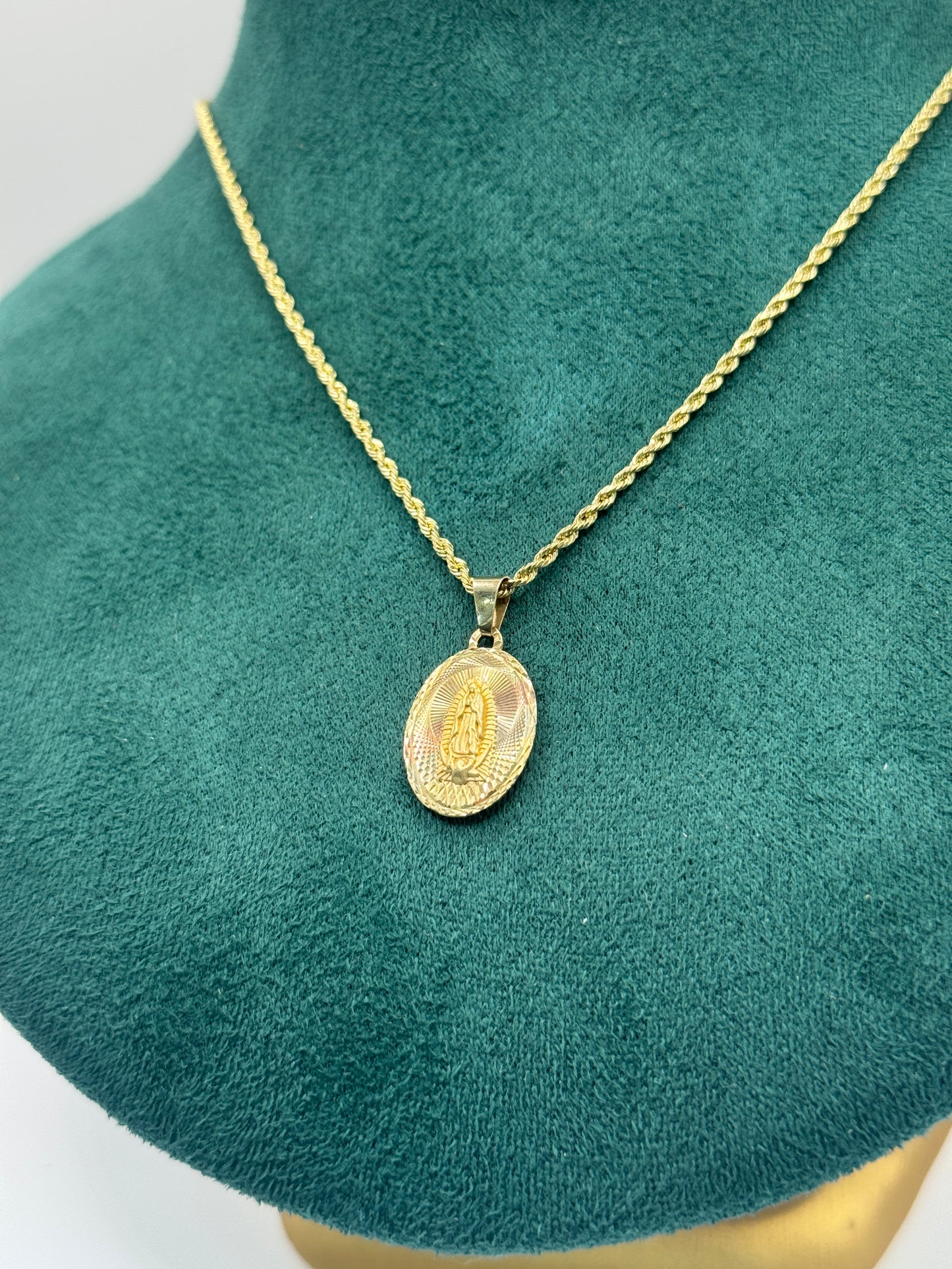 14K Gold Rope Chain – 16” with Virgin Mary Pendant