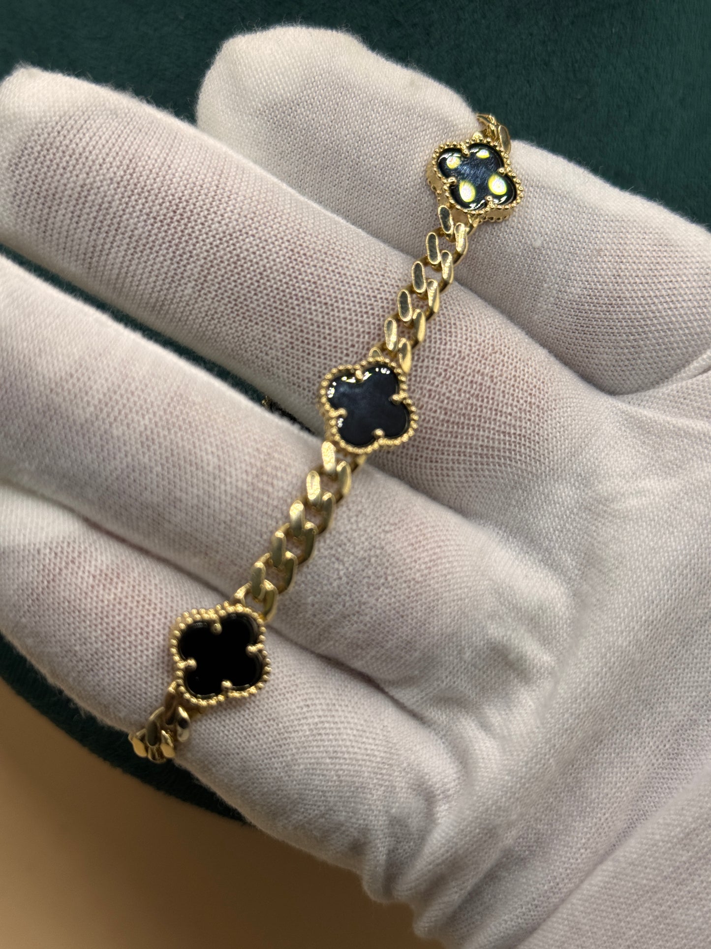 14K Gold Flat Cuban Link Bracelet 7.5 Inch with Black Clover Charm, Solid Gold Clover Bracelet, Luxury Gold Jewelry Gift