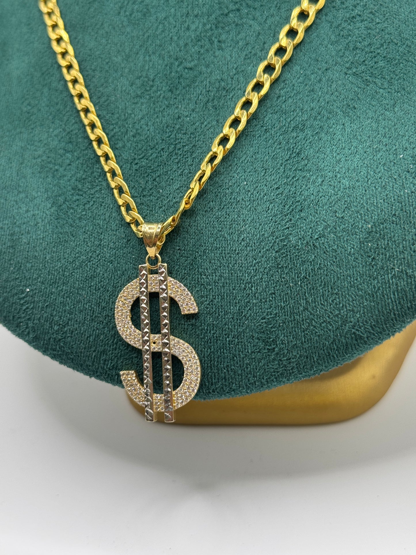 14K Gold Curb Link Necklace with Dollar Sign Pendant – 22” (5mm)