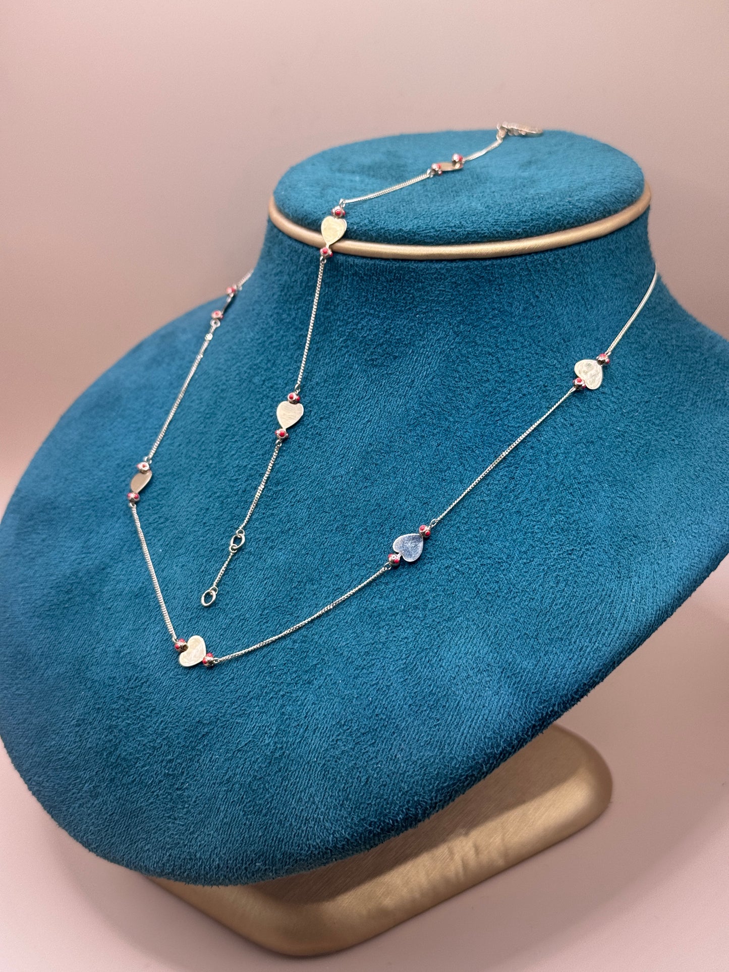 14K Gold Heart Charm Jewelry Set – Adjustable 17” Necklace & 7” Bracelet with Red Accents, Gift for Her
